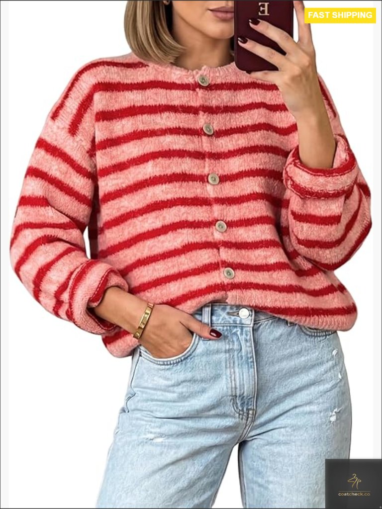 Striped Button Up Cardigan Sweater Y2k Fall Long Sleeve Crewneck Oversized